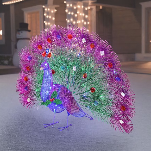 NEW 3\' TWINKLING CHRISTMAS PEACOCK Tinsel LED Holiday Yard Decoration Holiday